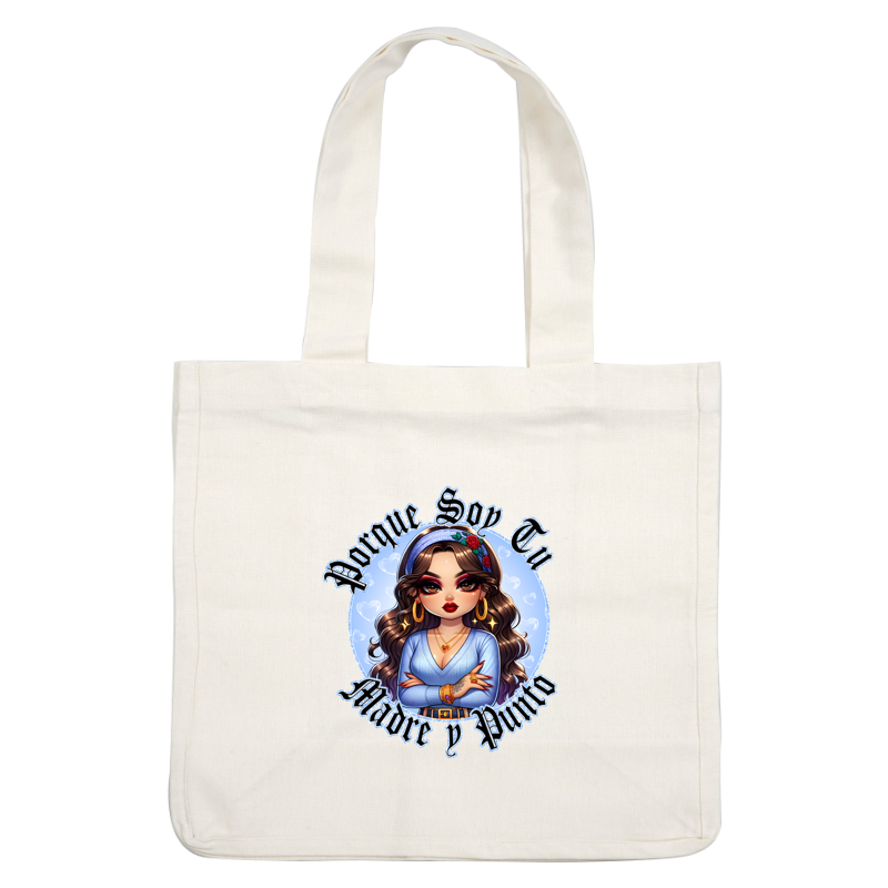 Una elegante ilustración de una mujer segura de sí misma con un traje azul, rodeada de corazones, con la frase "Porque Soy Tu Madre y Punto".