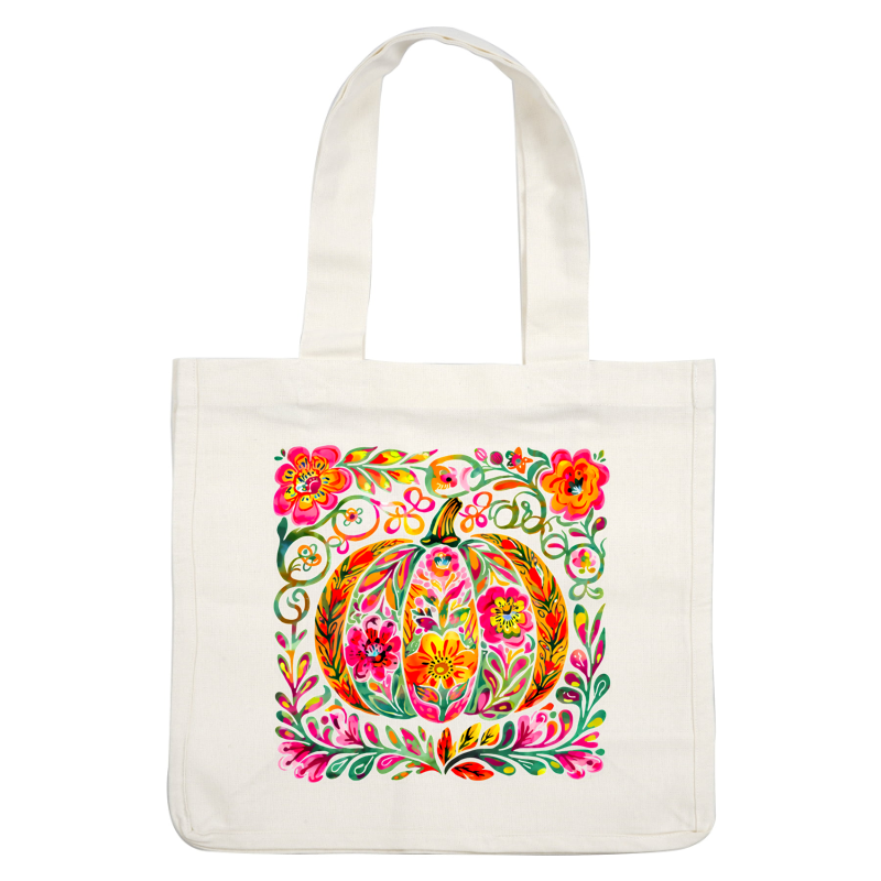 A vibrant, floral-patterned pumpkin surrounded by colorful leaves and flowers.DTF Transfers