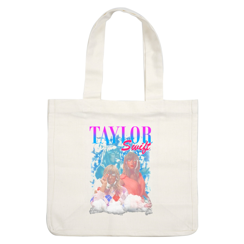 Collage vibrante que presenta a Taylor Swift con varios atuendos, mostrando su estilo icónico y personalidad con elementos gráficos coloridos. Transferencias DTF