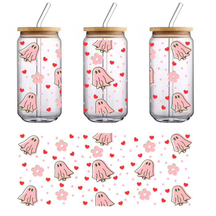 Un patrón caprichoso que presenta lindos fantasmas rosados, flores y corazones sobre un fondo negro, perfecto para diseños divertidos. Transferencias UV