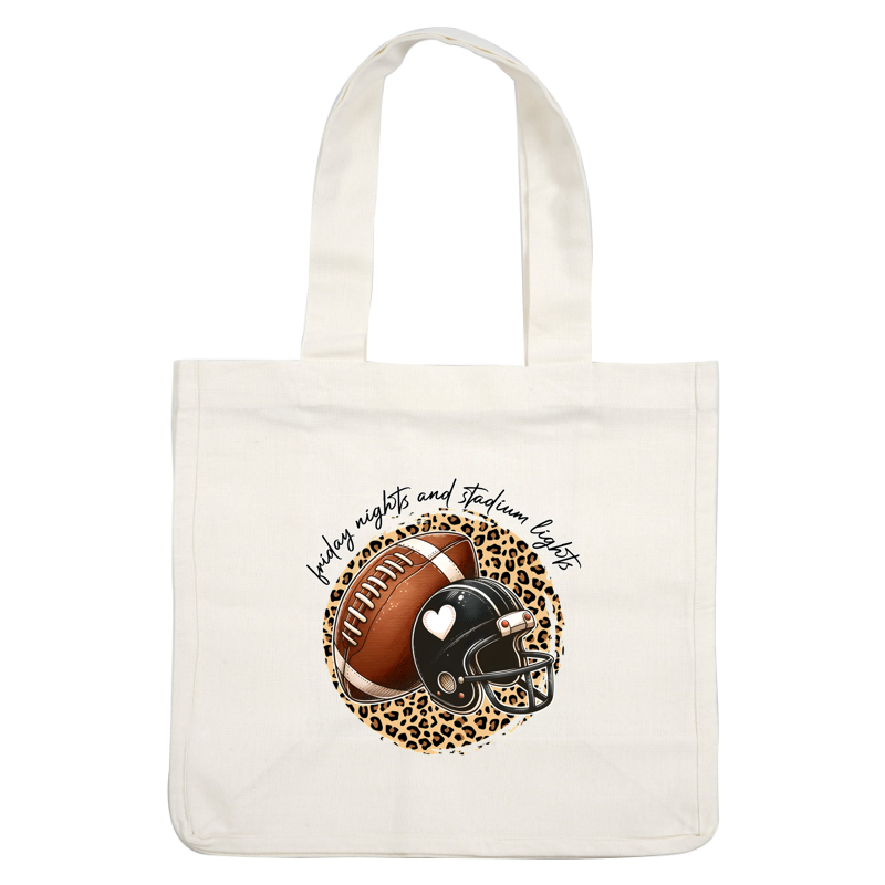 A playful design featuring a football and a heart-adorned helmet, surrounded by a leopard print pattern and fun text. dtf prints