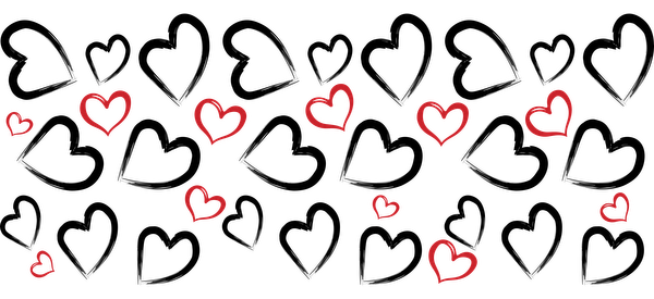 A playful illustration of assorted red hearts scattered across a black background, perfect for expressing love and affection.UV Transfers dtf transfers