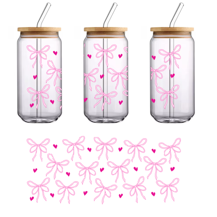 A green back with pink ribbons and hearts.UV Transfers