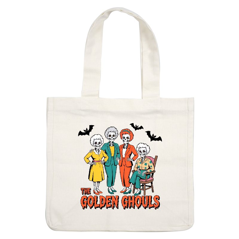 Four cheerful skeletons dressed in vibrant outfits, titled "The Golden Ghouls."DTF Transfers