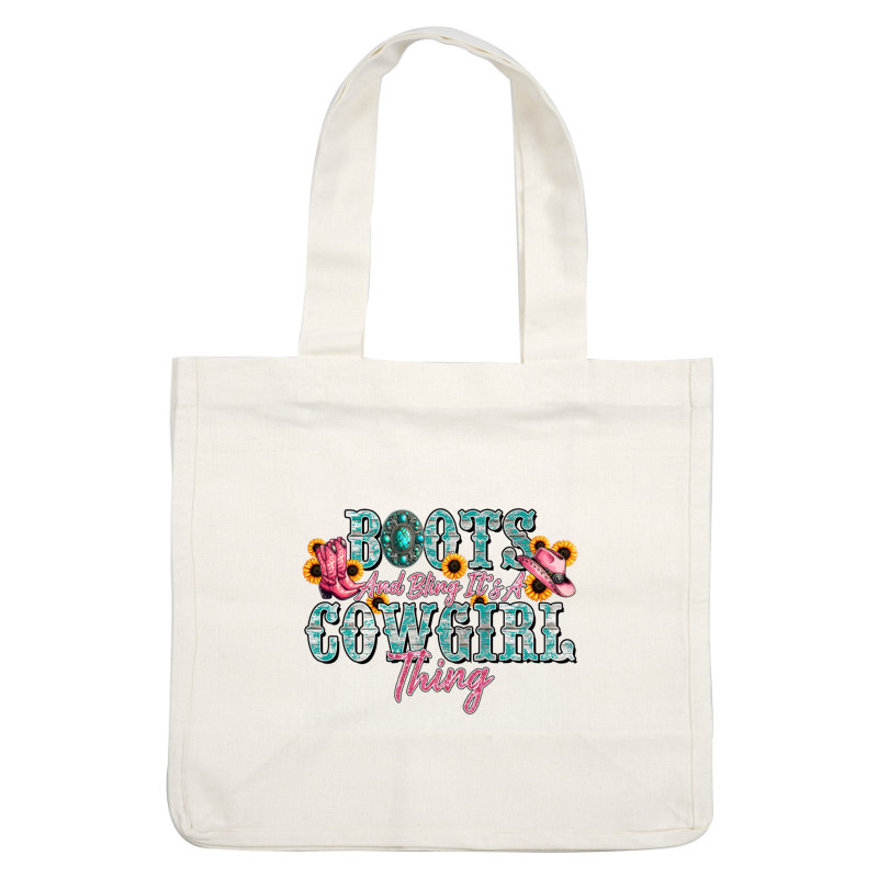 A vibrant design featuring cowboy boots and a pink hat, celebrating the fun spirit of cowgirl culture with flowers and bling. dtf prints