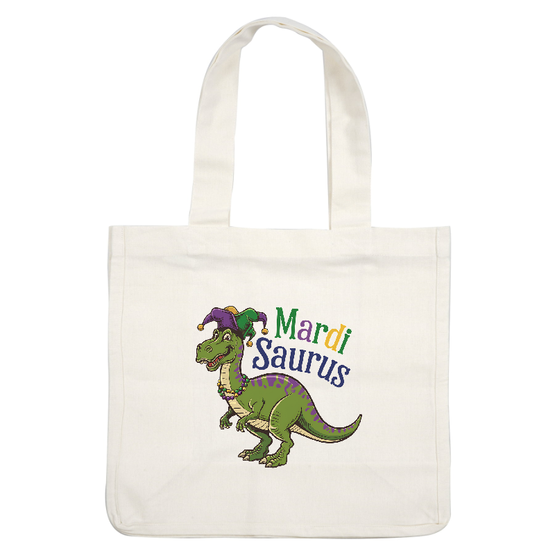 Celebrate Mardi Gras with this playful "Mardi Saurus," a green dinosaur adorned with festive beads and a jester hat!DTF Transfers