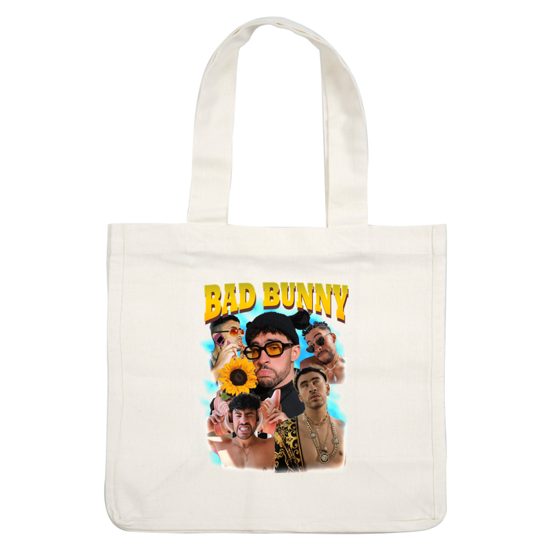 Un collage vibrante de Bad Bunny que muestra varias expresiones y estilos, con accesorios de moda, como gafas de sol y joyas. Transferencias DTF