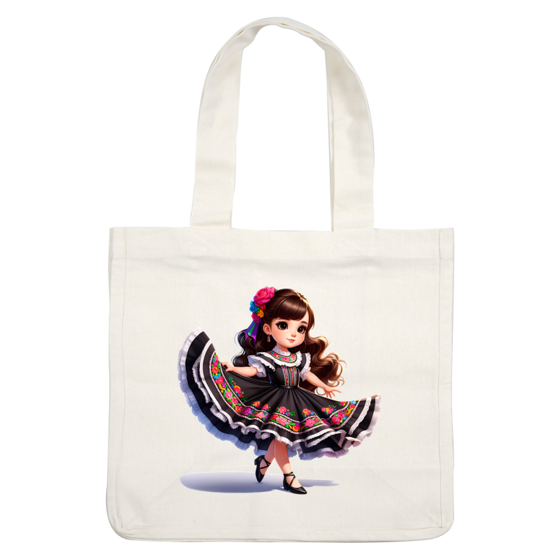 A charming young girl twirls in a vibrant, embroidered black dress adorned with colorful flowers and ruffled accents. dtf transfers