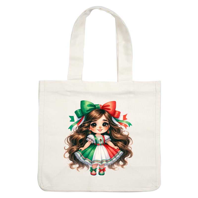 A charming girl in a vibrant traditional dress featuring green, white, and red colors, adorned with festive bows and accessories. heat press transfers
