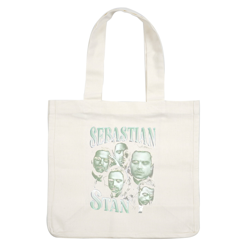 Un gráfico vibrante que muestra múltiples imágenes artísticas de Sebastian Stan, destacando su nombre en letras en negrita. Transferencias DTF