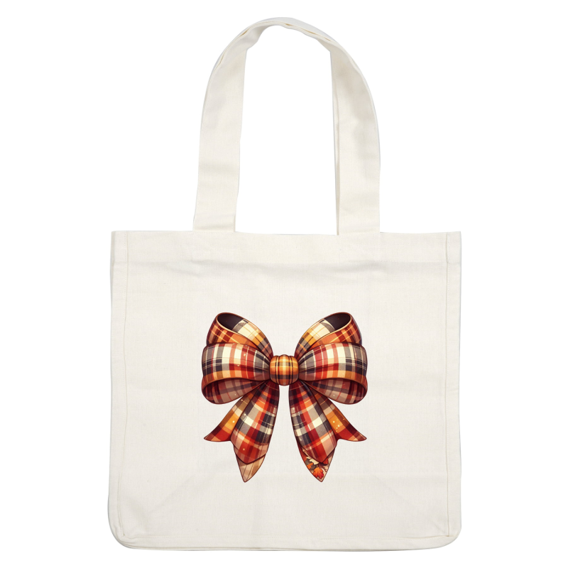A vibrant plaid bow featuring warm tones of orange, brown, and cream, perfect for adding a festive touch. dtf prints