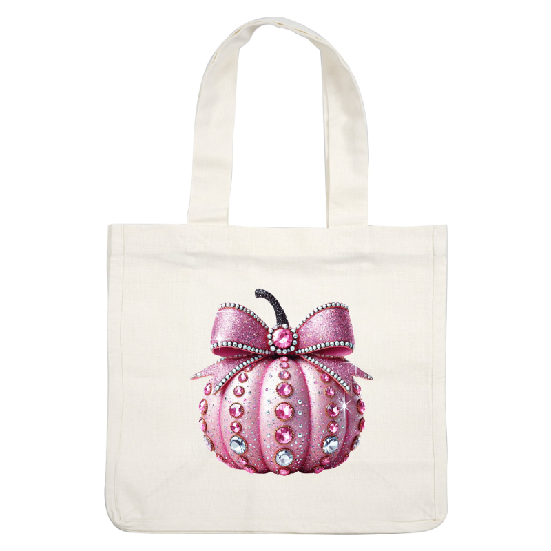 Sparkling pink pumpkin adorned with gems and a shiny bow, perfect for festive decor or a whimsical touch.