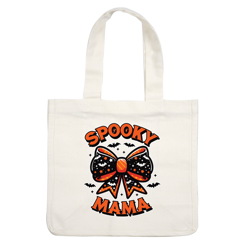 A festive Halloween bow design featuring bold "Spooky Mama" text, adorned with bats and stars in vibrant orange and black. heat press transfers