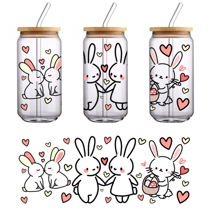 A set of yellow and pink heart stickers on a black background.UV Transfers