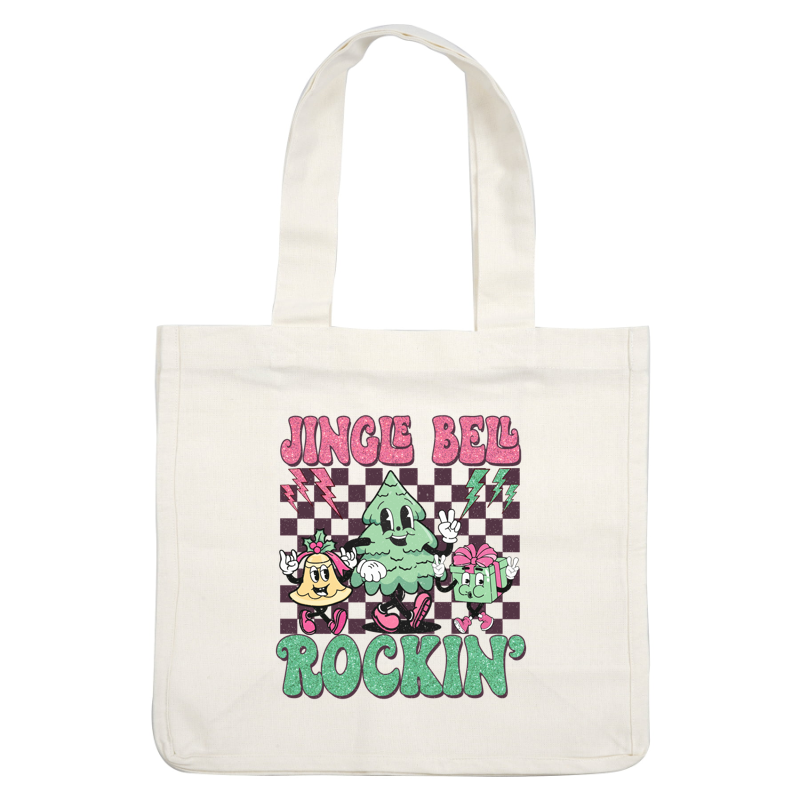 Gráfico colorido con temática navideña que presenta un árbol alegre, una campana y un regalo, con el texto divertido "Jingle Bell Rockin'".