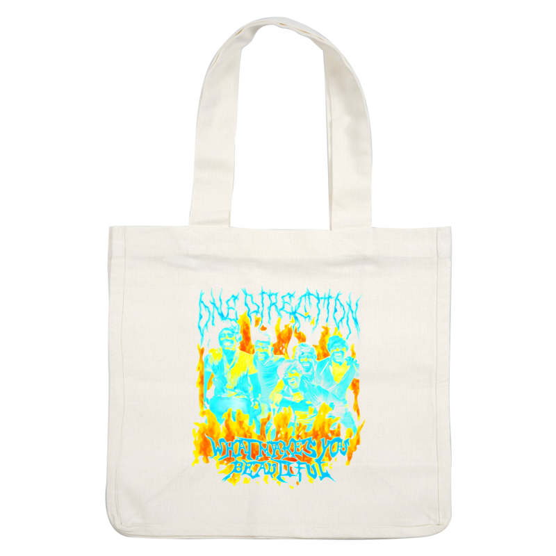 Una ilustración vibrante que presenta a la banda One Direction, rodeada de llamas, con el texto "What Makes You Beautiful". Transferencias DTF