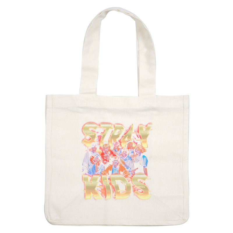 A vibrant graphic featuring the K-pop group Stray Kids, highlighted with bold, colorful text and a lively background.DTF Transfersdtf regular iron