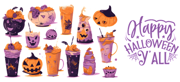 A festive collection of Halloween-themed drinks and desserts, featuring fun colors and spooky designs, perfect for the season!UV Transfers heat press transfers