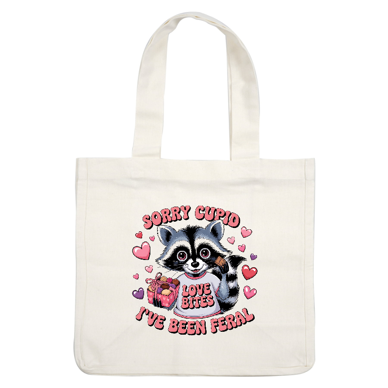 A playful graphic featuring a raccoon in a "Love Bites" shirt, holding chocolates, surrounded by hearts and a fun message.DTF Transfers