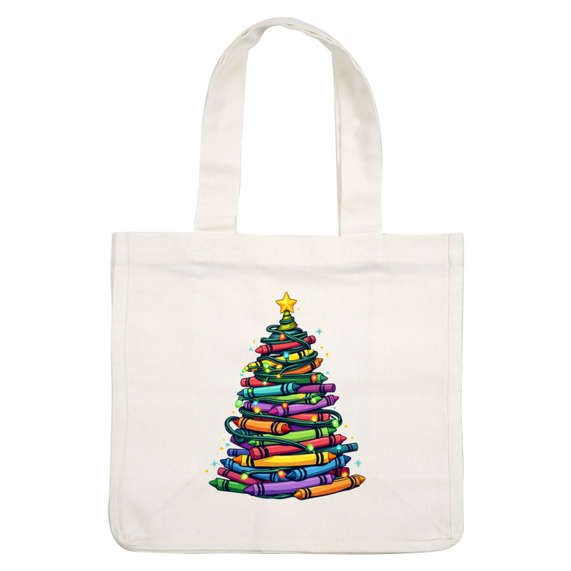 A vibrant holiday tree made of colorful crayon-like shapes, twinkling lights, and topped with a cheerful star.DTF Transfers