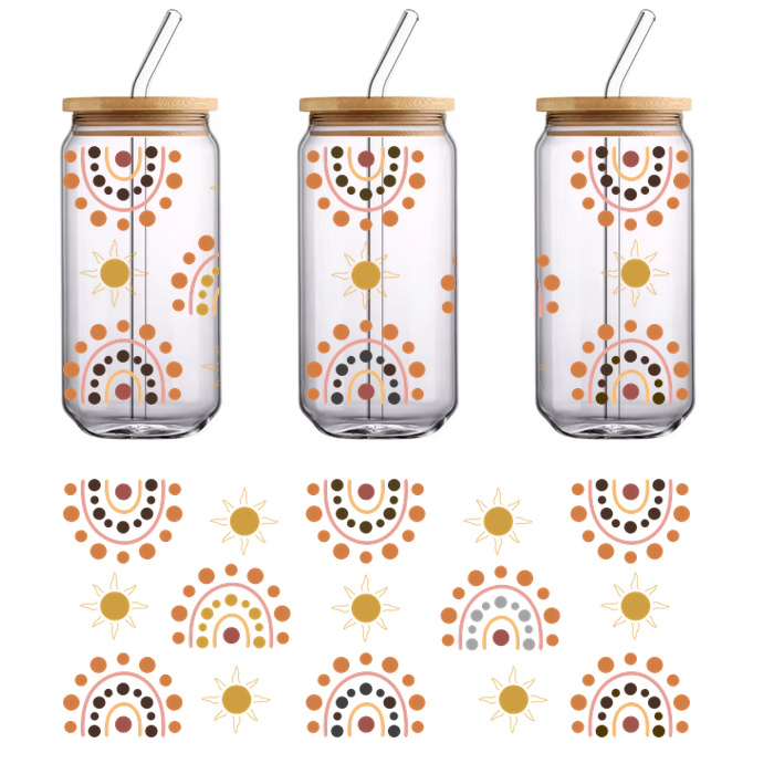 A vibrant pattern featuring colorful sun motifs and rainbow designs in warm hues against a dark background.UV Transfers dtf transfers