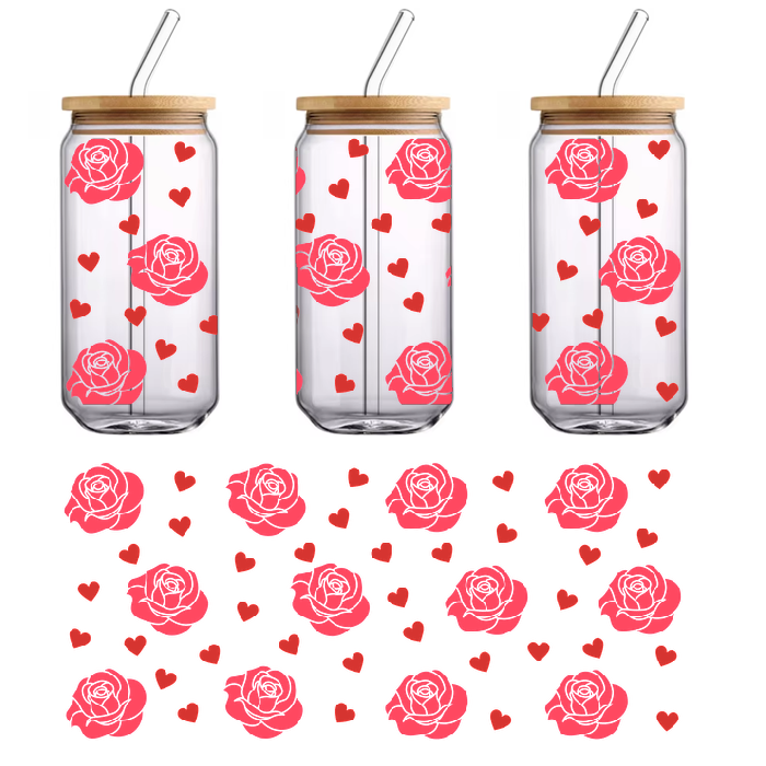 Green background covered with pink roses and smaller hearts.UV Transfers