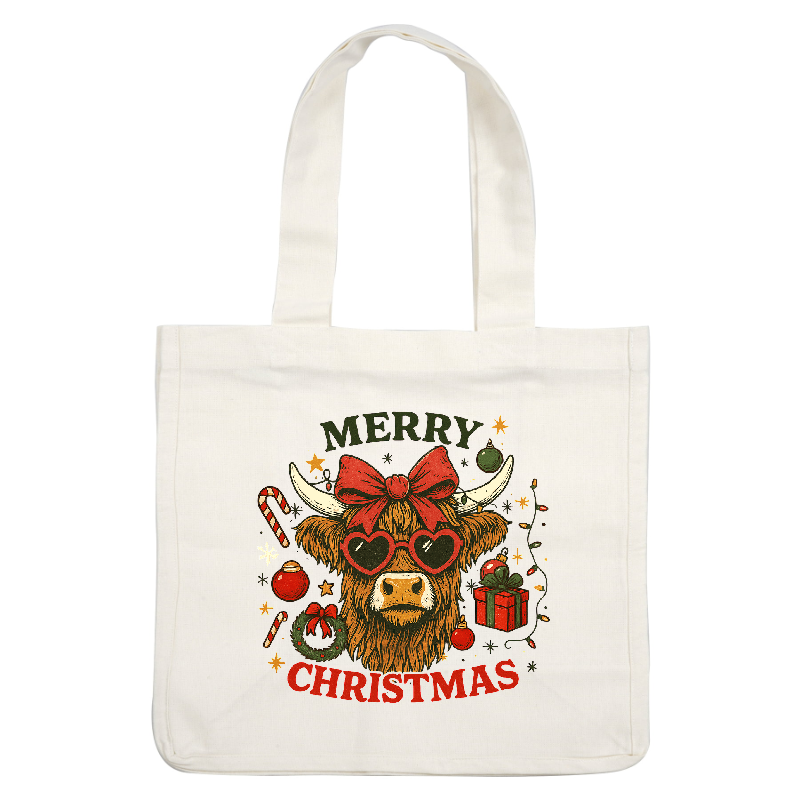 A whimsical illustration featuring a stylish cow in glasses, celebrating Christmas!DTF Transfers