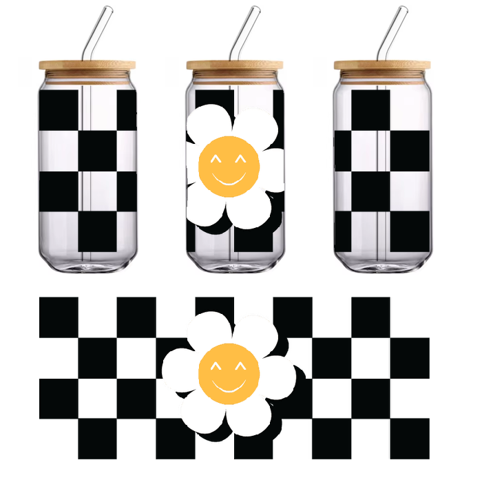 A smiley face with a four leaf clover on a polka dot background.UV Transfers