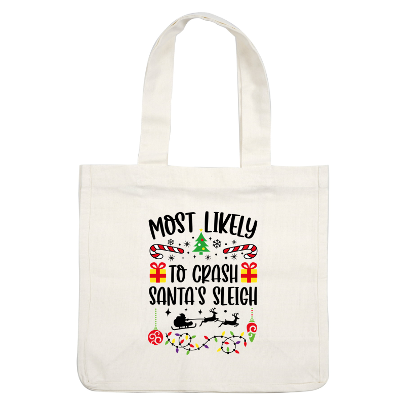 Celebrate the festive season with this cheerful illustration featuring a Christmas tree, candy canes, presents, and colorful ornaments!DTF Transfers dtf prints