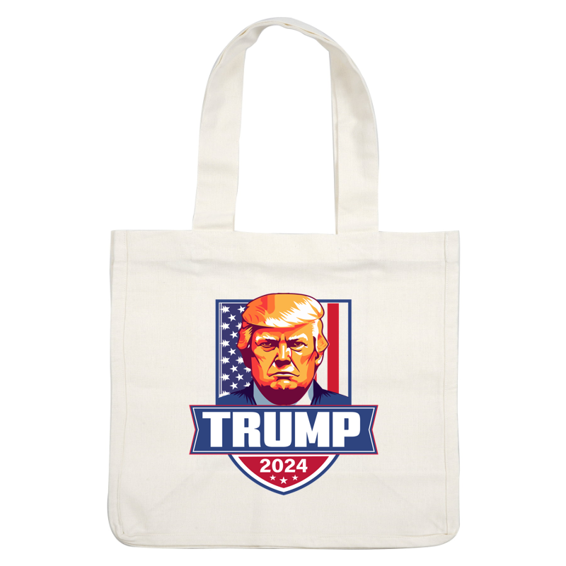 Bold graphic featuring a stylized portrait, "Trump 2024," with an American flag backdrop and vibrant colors. heat press transfers