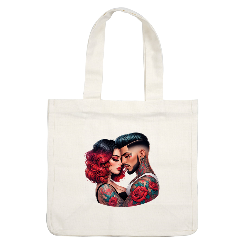 A vibrant tattoo art piece featuring a couple in a passionate embrace, showcasing intricate floral tattoos and stylish hairstyles.DTF Transfersdtf regular iron