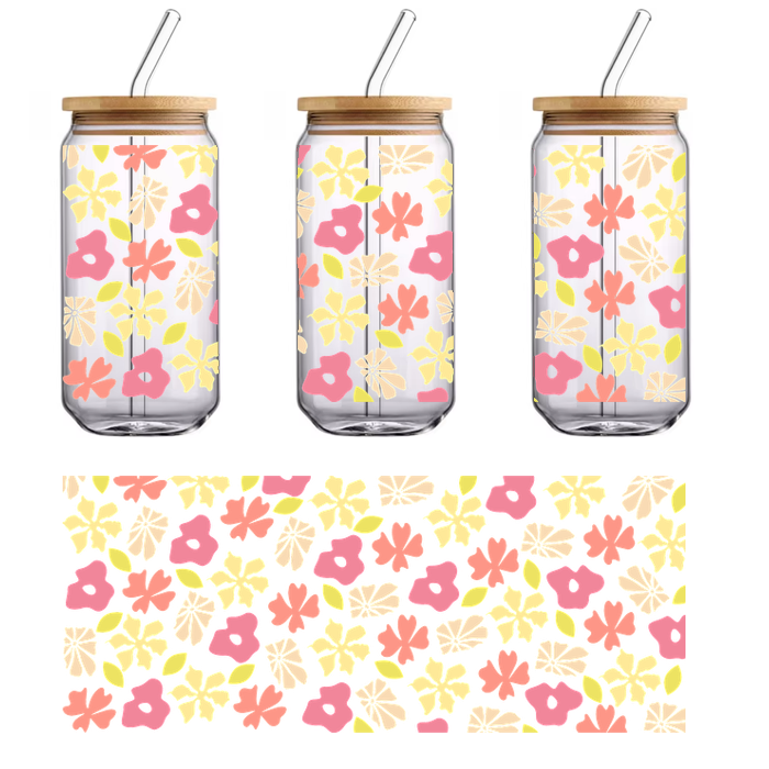 Un patrón floral vibrante con flores rosas y hojas verdes sobre un fondo negro, creando una sensación tropical y vivaz. Transferencias UV