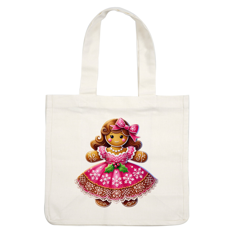 Una galleta festiva de niña de jengibre vestida con un vestido rosa con estampado de copos de nieve, con un lazo a juego y detalles de acebo. Transferencias DTF