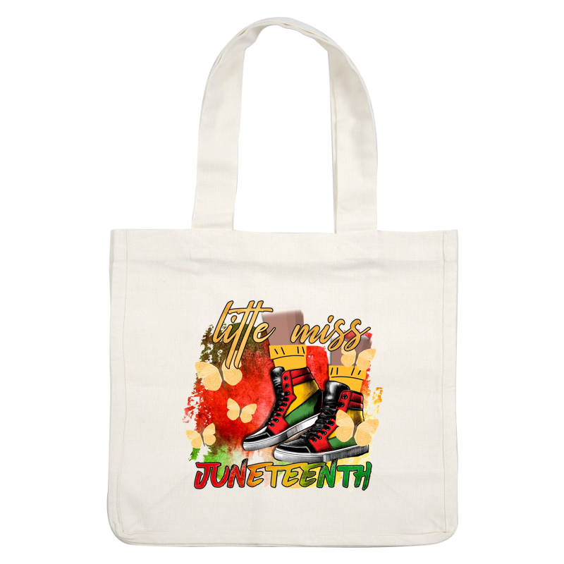 A vibrant illustration featuring stylish high-top sneakers in red, green, and yellow, celebrating Juneteenth with colorful butterflies. dtf transfers