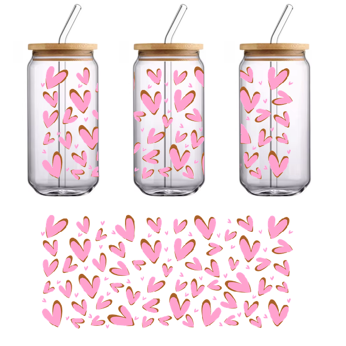 A lovely pink, heart-shaped wallpaper on a green background.UV Transfers