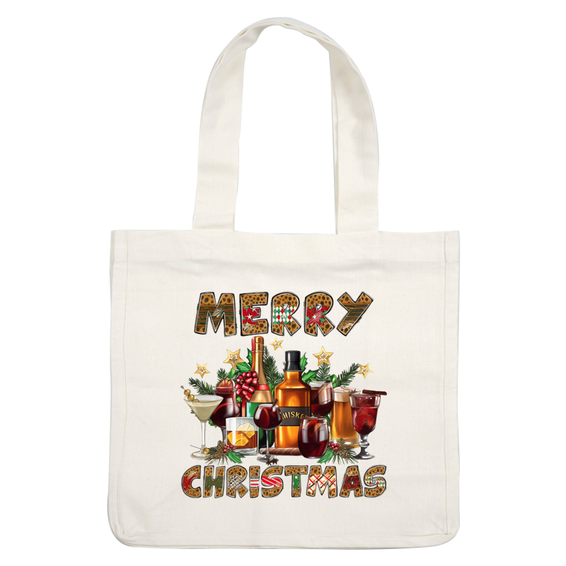 Celebre la temporada con bebidas festivas y un alegre saludo de "Feliz Navidad" rodeado de decoraciones navideñas.