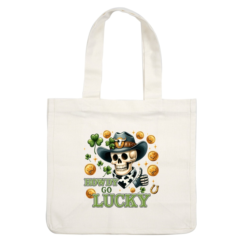 A whimsical cowboy skull graphic featuring lucky clovers, gold coins, and a playful "Howdy Go Lucky" text design. dtf prints