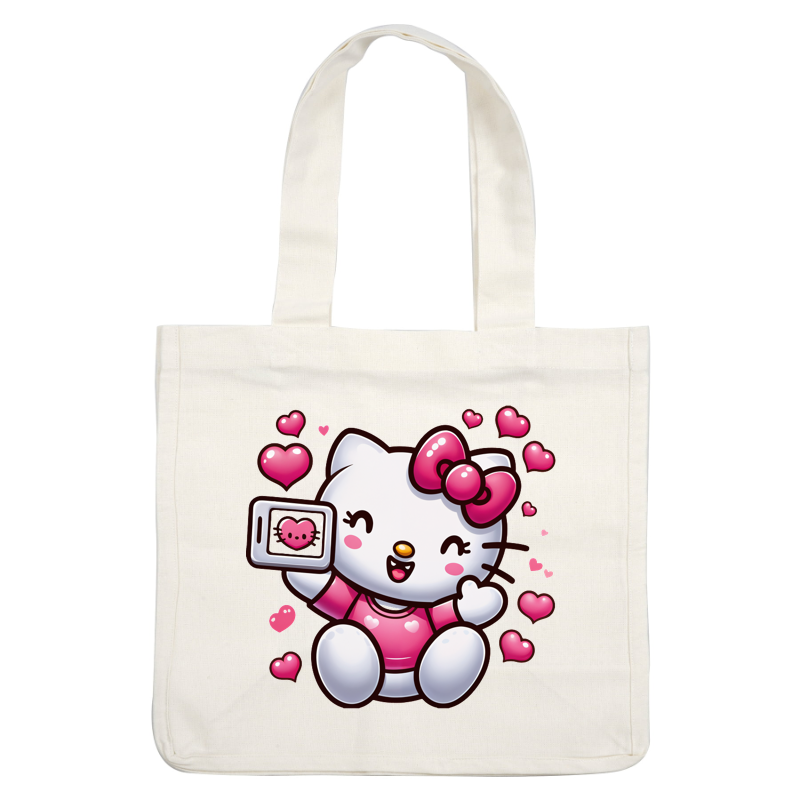 Lindo personaje de Hello Kitty tomándose una selfie con un atuendo rosa rodeado de corazones flotantes, irradiando alegría y felicidad. Transferencias DTF