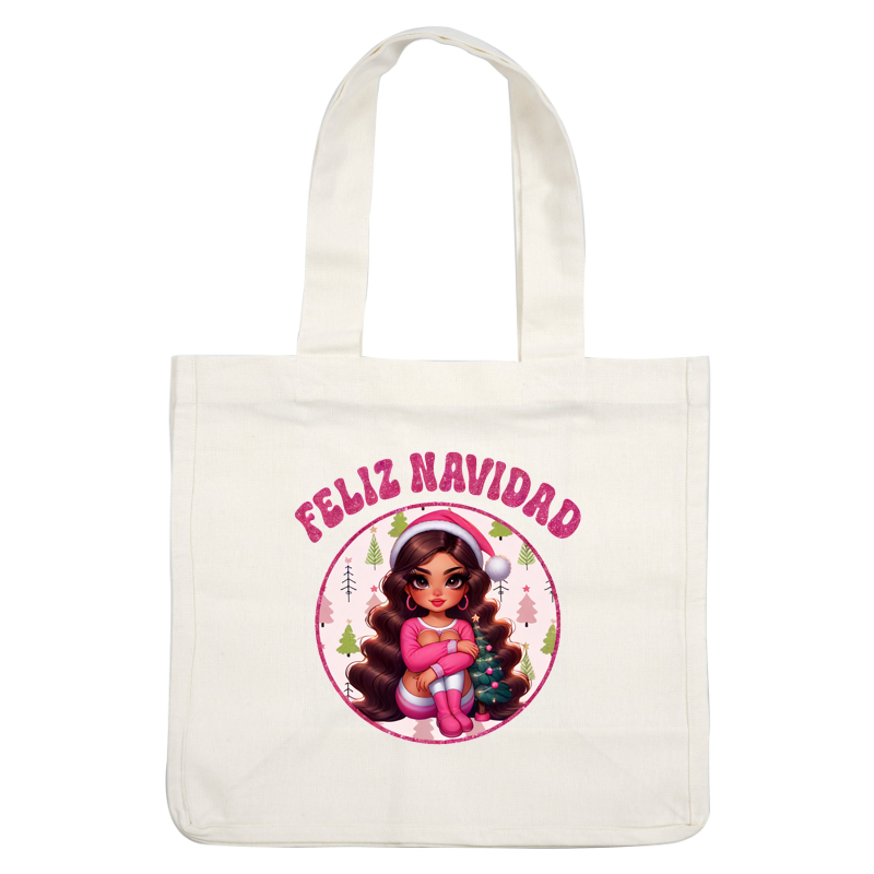 A festive illustration featuring a stylish girl in pink pajamas and Santa hat, surrounded by Christmas trees, captioned "Feliz Navidad." dtf prints