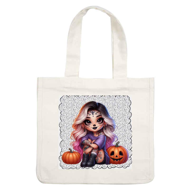 This charming illustration features a tattooed girl with stylish ombre hair, surrounded by playful jack-o'-lanterns, perfect for Halloween vibes.