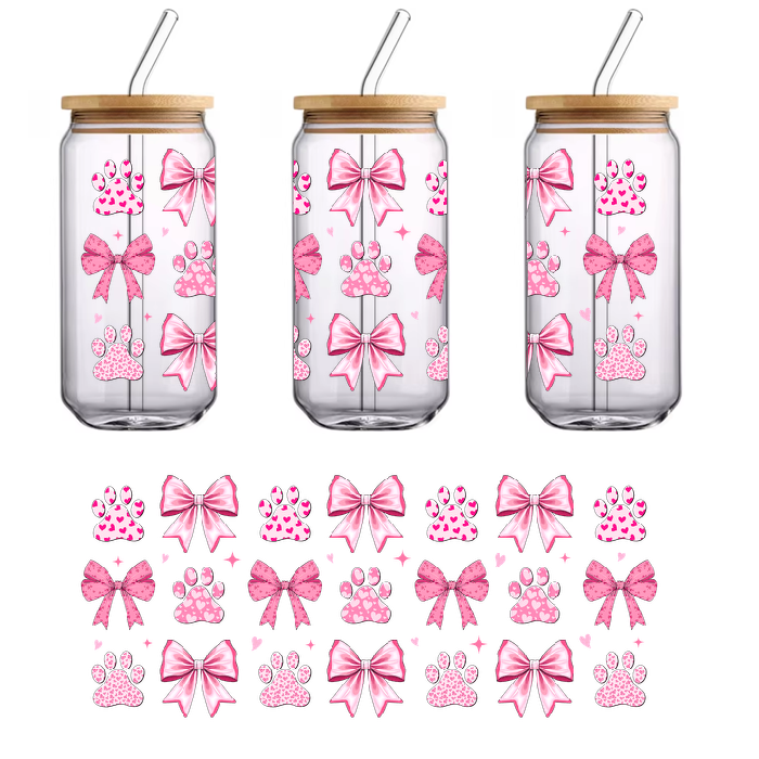 A set of pink cat paw stickers with bows and hearts.UV Transfers