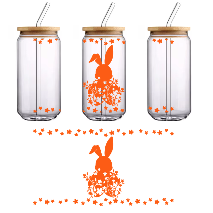 Una silueta de conejo naranja vibrante rodeada de patrones florales, perfecta para decoraciones con temática de primavera o Pascua. Transferencias UV