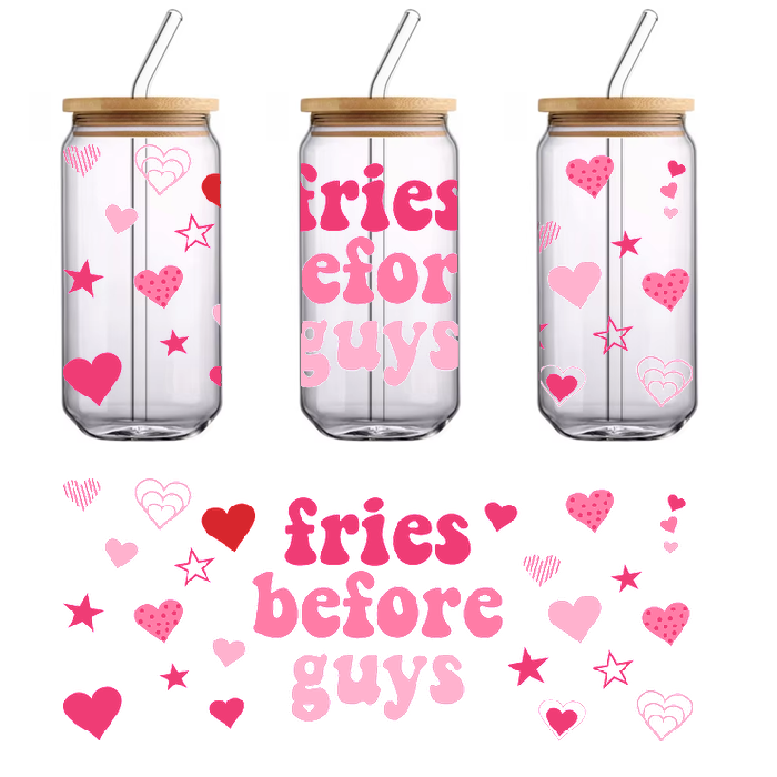 pink hearts and stars design fries before guys .UV Transfers