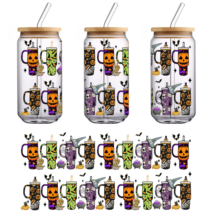 Una vibrante colección de tazas con temática de Halloween que presentan calabazas, brujas y diseños espeluznantes en tonos morados, naranjas y verdes. Transferencias UV