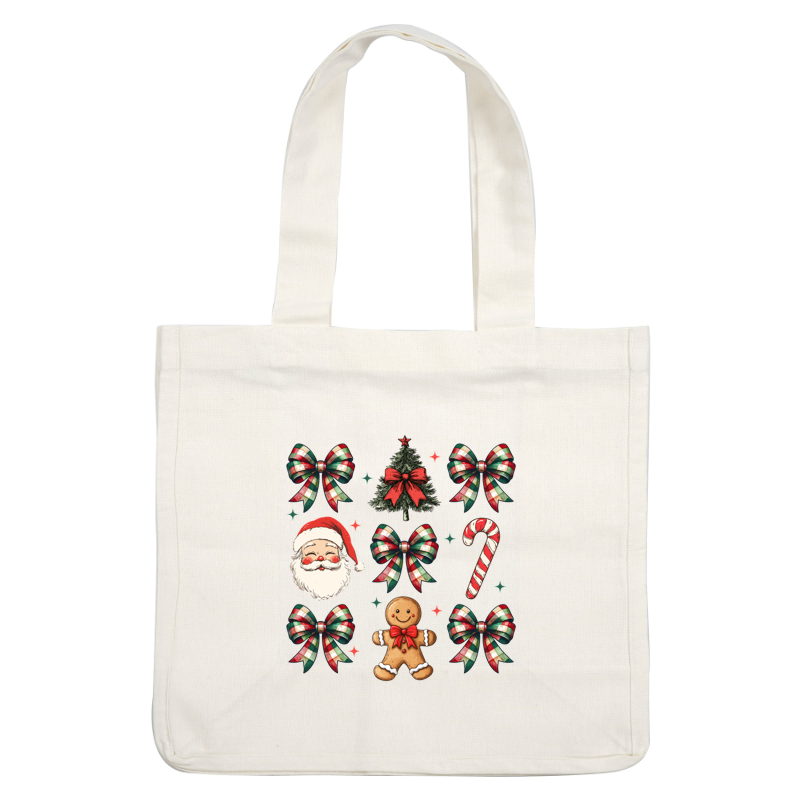 Una colección festiva de ilustraciones con temática navideña que presenta a Papá Noel, un hombre de jengibre, un árbol de Navidad, un bastón de caramelo y lazos decorativos.