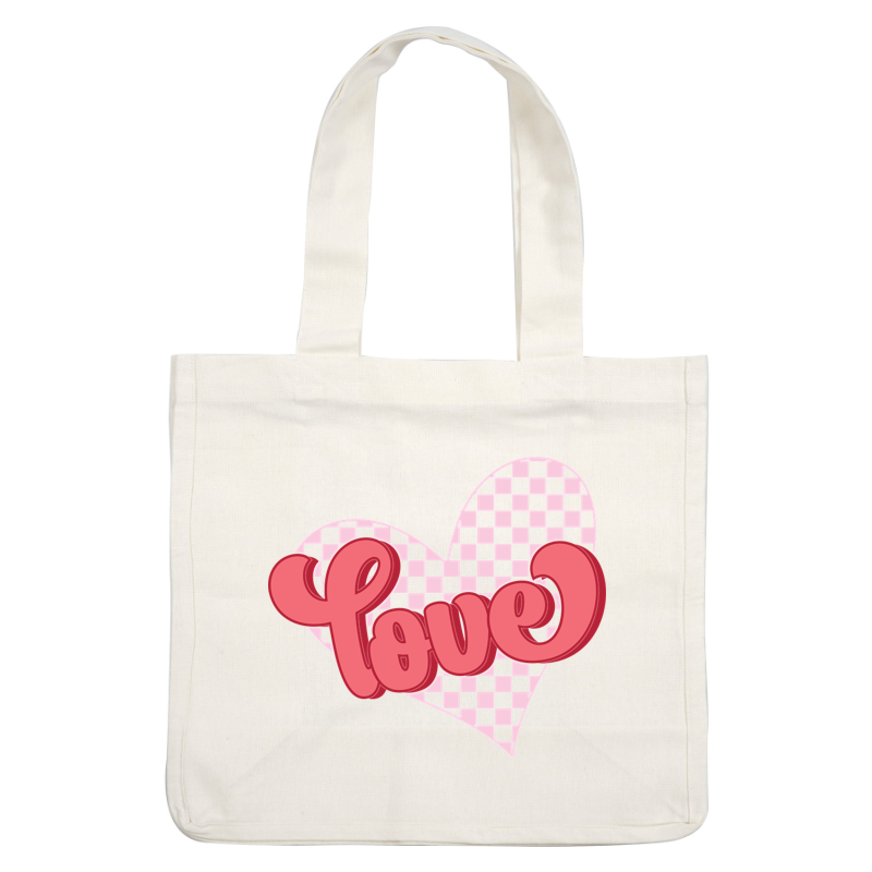 Un gráfico divertido de "Amor" en color rosa dentro de un corazón, con un fondo a cuadros para darle un toque alegre.