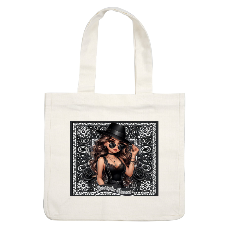 A stylish illustration of a confident woman in a black outfit, accessorized with sunglasses, a hat, and layered jewelry. dtf prints