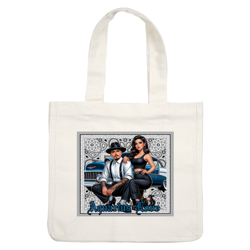 A stylish couple in vintage attire poses beside a classic car, representing "Aquarius Love" with a creative, artistic flair. heat press transfers