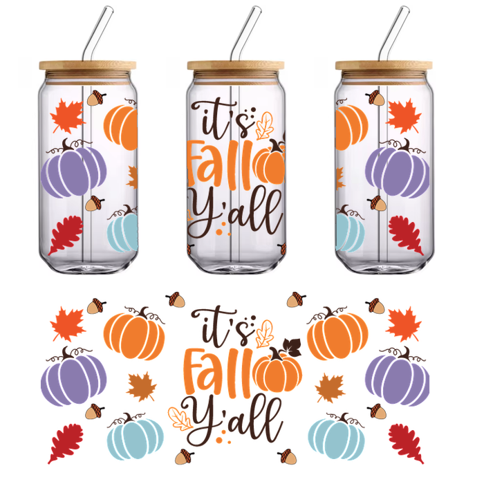 Celebre la temporada de otoño con este vibrante diseño "It's Fall Y'all" que presenta calabazas coloridas y hojas otoñales. Transferencias UV