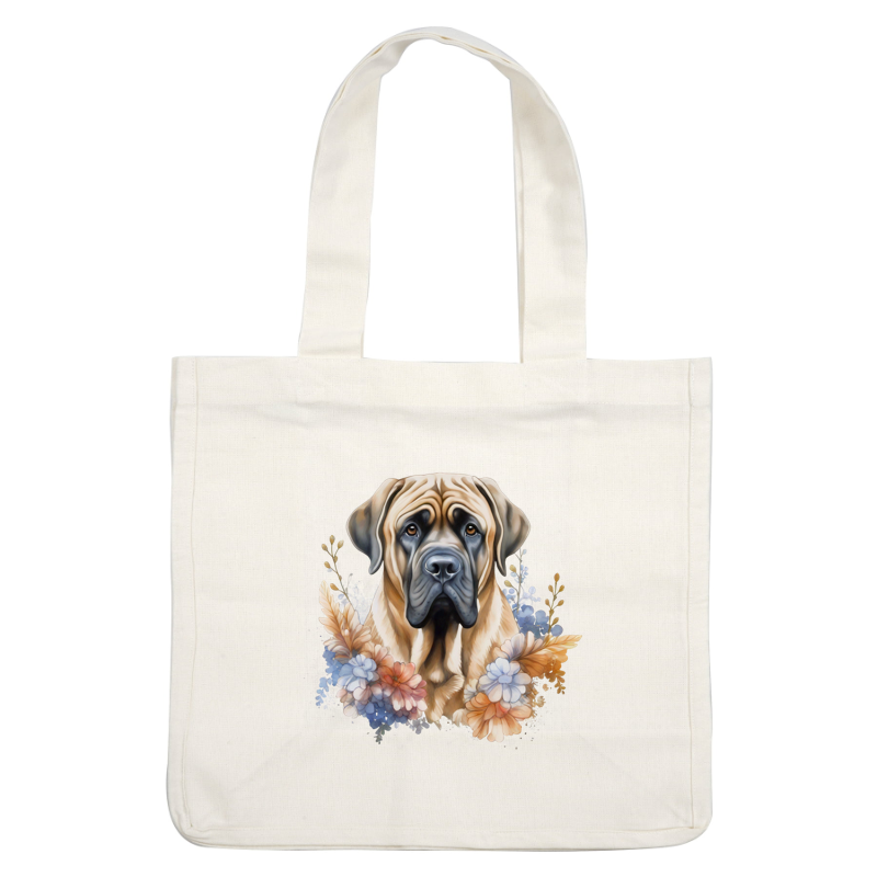 A beautiful illustration of a Bullmastiff surrounded by colorful flowers, showcasing the dog's expressive face and gentle demeanor. heat press transfers